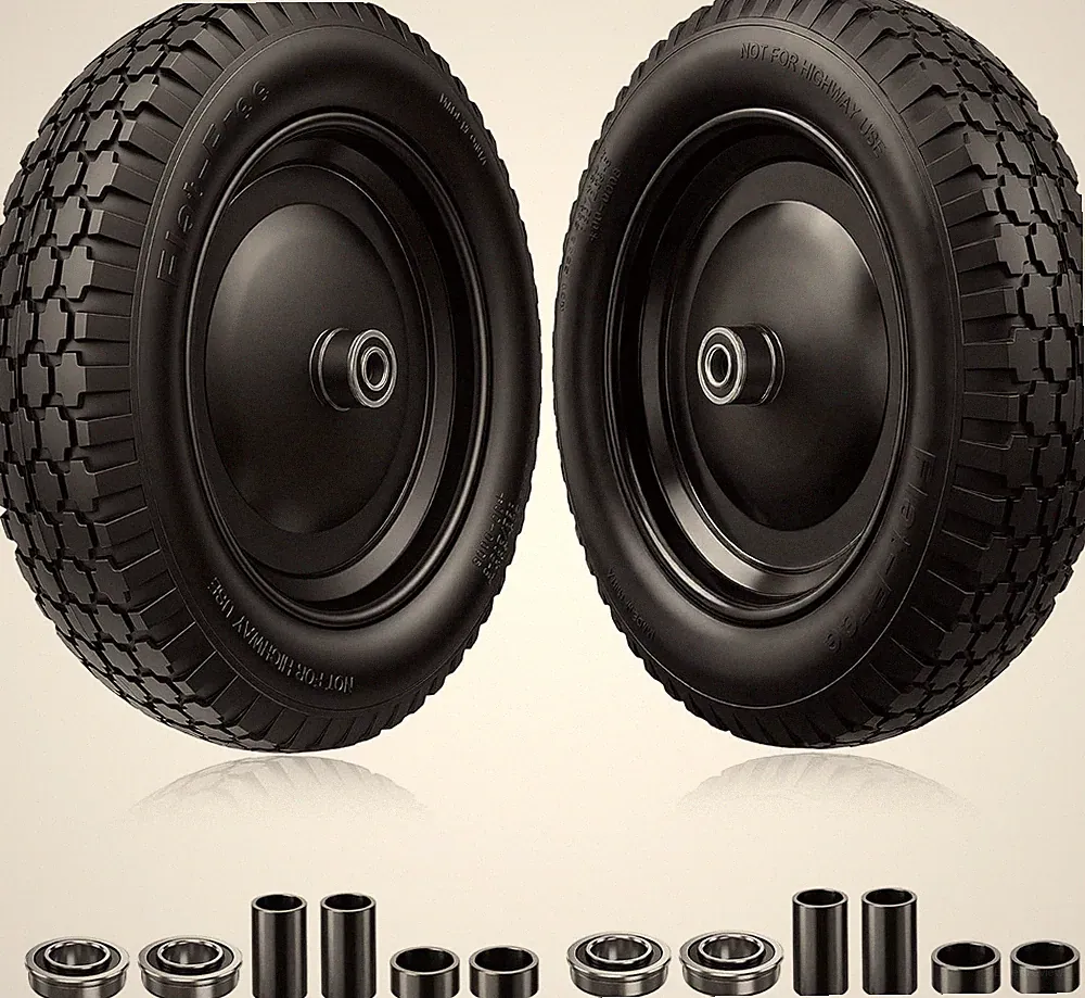 𝟮-𝗣𝗮𝗰𝗸 14.5" Flat Free Wheelbarrow Tire, 4.80/4.00-8 Heavy Duty S