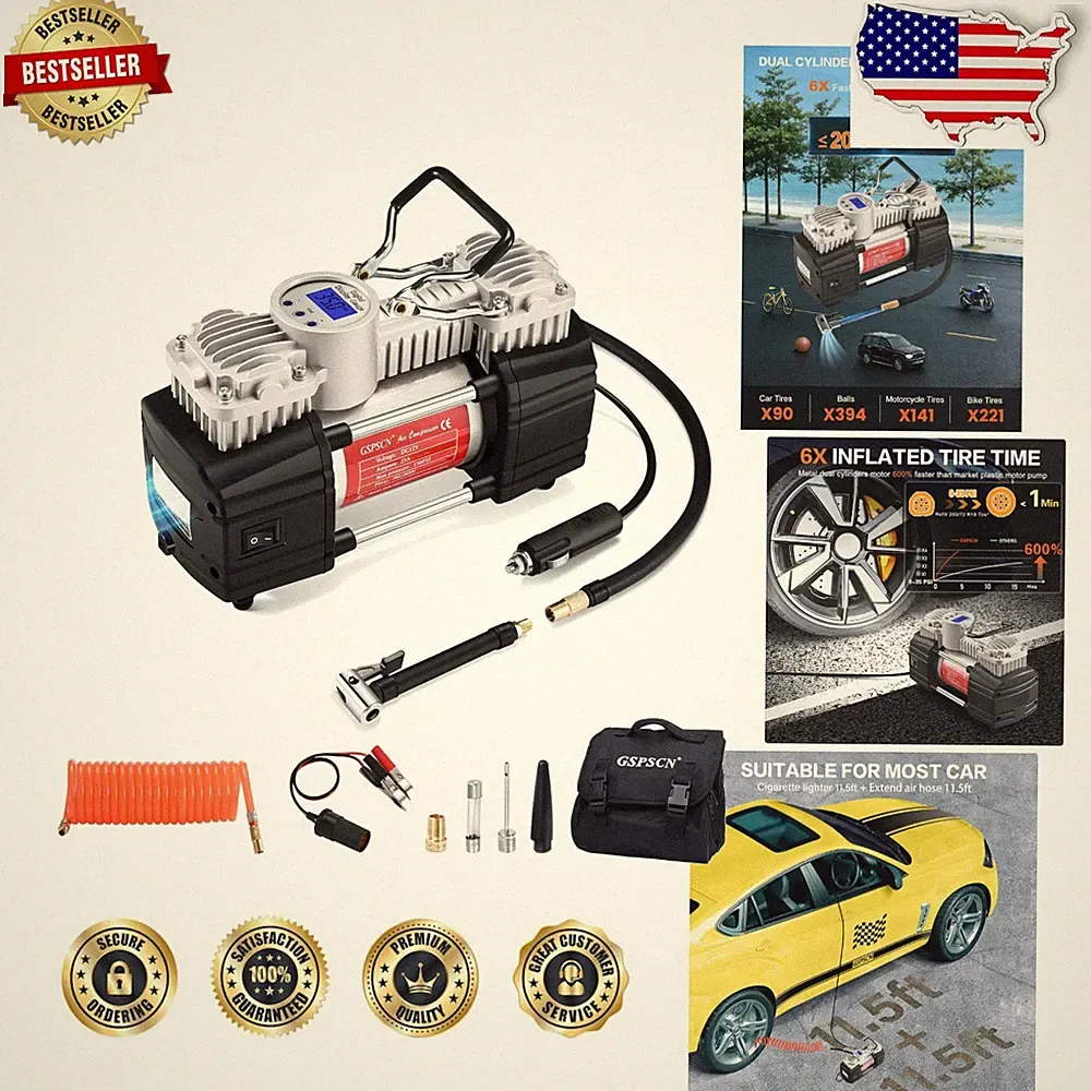 Heavy Duty 12V Portable Air Compressor, 6X Faster Dual Cylinder Tire Inflator...